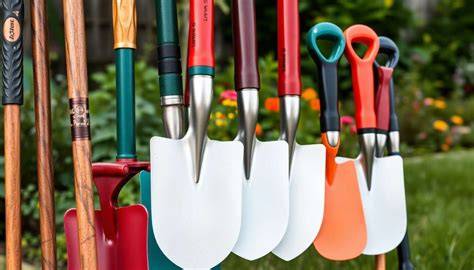 une femme souriante dans son jardin avec une bêche et une fourche de jardinage