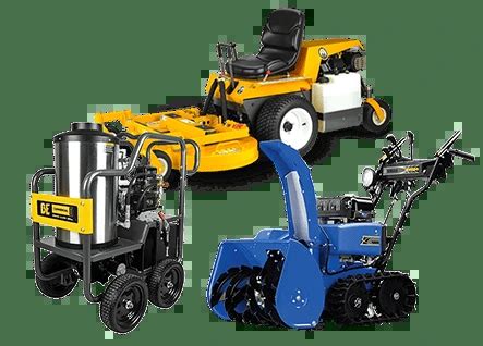 une image montrant un assortiment d'équipements motorisés d'extérieur, y compris des tondeuses, des taille-bordures et des souffleuses à feuilles