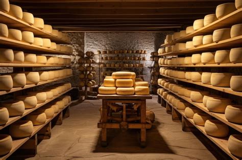 Intérieur d'une fromagerie artisanale, avec des meules de fromage en affinage