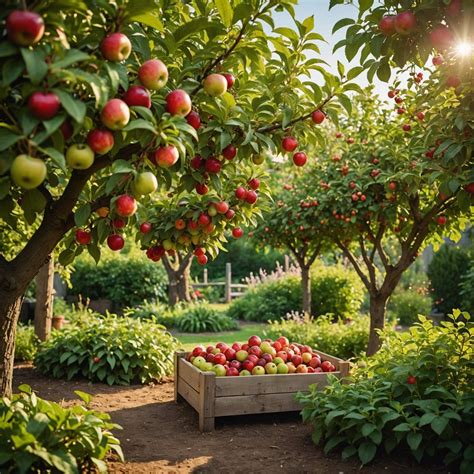 Illustration d'un jardin structuré avec des arbres fruitiers et des haies variées