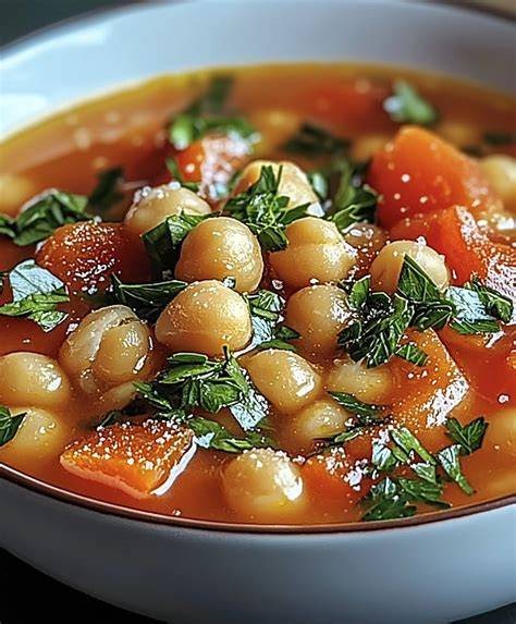 une casserole de soupe tomate avec des pois chiches et du chou kale grillé