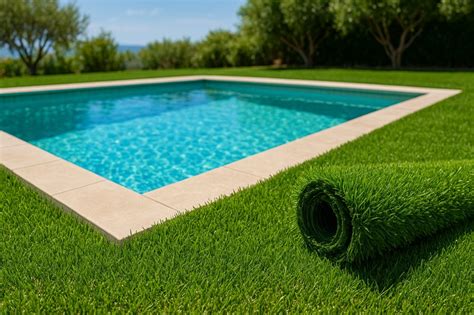 Tapis rond en gazon synthétique près d'une piscine