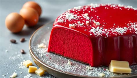 Plan rapproché d'un entremet recouvert d'un effet velours rose hibiscus