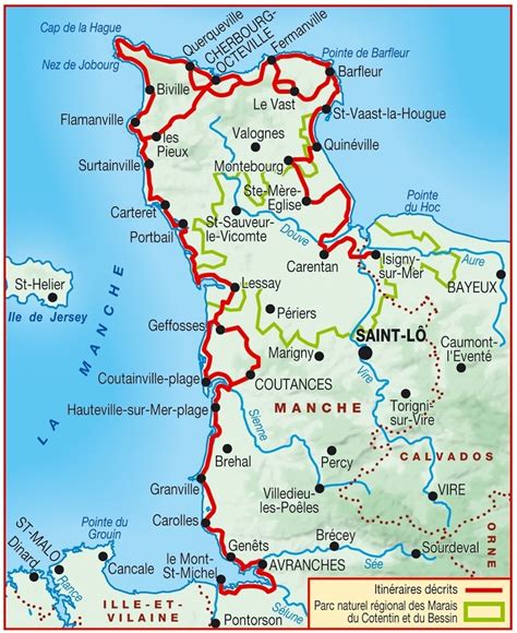 plan détaillé du littoral du Cotentin mettant en relief les distances entre les principaux sites touristiques et les lieux de villégiature