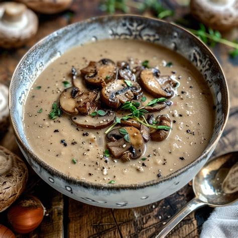 Un bol de velouté crémeux aux champignons et éclats de châtaignes