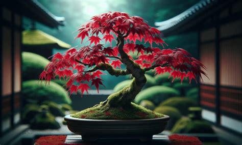 Un bonsaï d'érable rouge aux feuilles éclatantes posé sur une table en bois clair dans un intérieur minimaliste