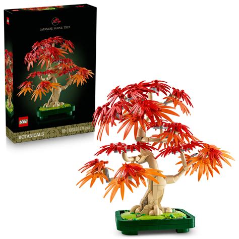 Le set LEGO Botanicals 10348 monté sur un support, mettant en avant le contraste entre le feuillage rouge et le pot vert