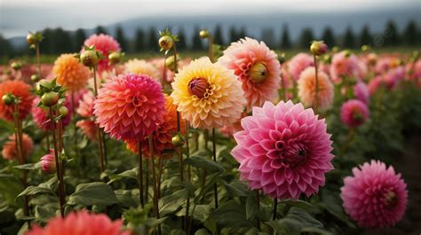 Champ de dahlias en pleine floraison avec une grande variété de couleurs et de formes