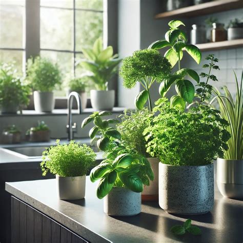 Un potager d'intérieur design installé dans une cuisine moderne avec des herbes aromatiques en pleine croissance.