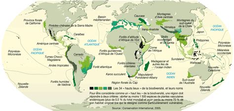 Carte du monde montrant les zones à forte biodiversité végétale