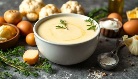 Un bol de velouté de chou-fleur onctueux garni de champignons sautés et d'herbes fraîches