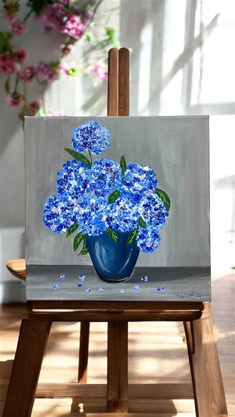 Peinture d'un cœur d'hortensia bleu