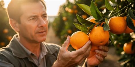 Illustration d'un verger d'orangers en période de récolte avec des outils manuels
