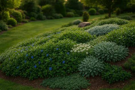 Illustration comparative : un jardin biodiversifié avec des plantes couvre-sol versus une pelouse classique
