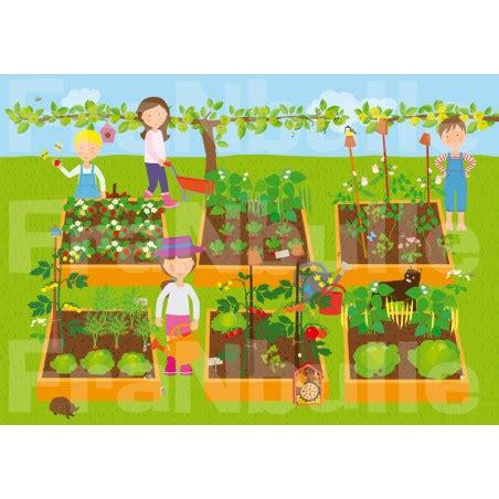 Illustration d'un potager scolaire pédagogique avec des enfants en train de jardiner