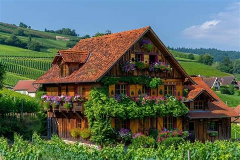 Vue panoramique d'une ferme alsacienne traditionnelle entourée de cultures diversifiées en permaculture