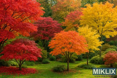 Vue d'ensemble d'un jardin japonais avec des érables à feuilles rouges contrastant avec des mousses vertes