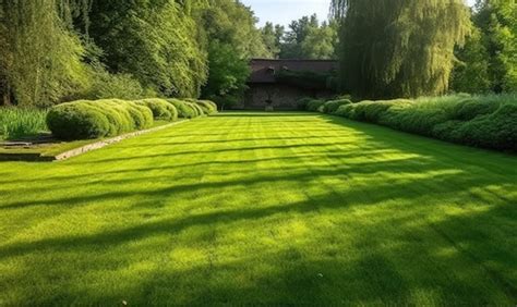 jardin parfaitement entretenu avec pelouse tondue et haies taillées