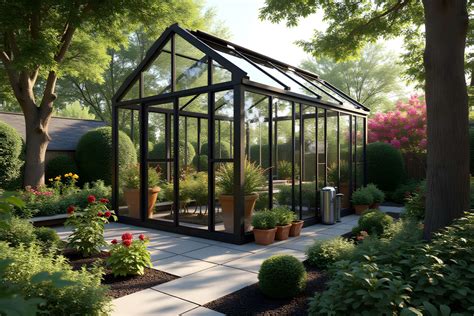 Vue d'ensemble d'une exploitation horticole moderne avec serres en verre et systèmes d'irrigation automatisés
