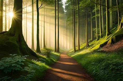 une forêt dense et accueillante au petit matin avec une lumière douce
