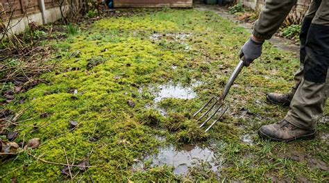 Pelouse envahie par la mousse et zones gorgées d'eau