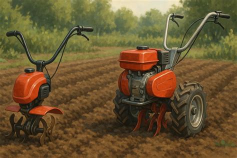 Comparaison visuelle entre une motobineuse et un motoculteur