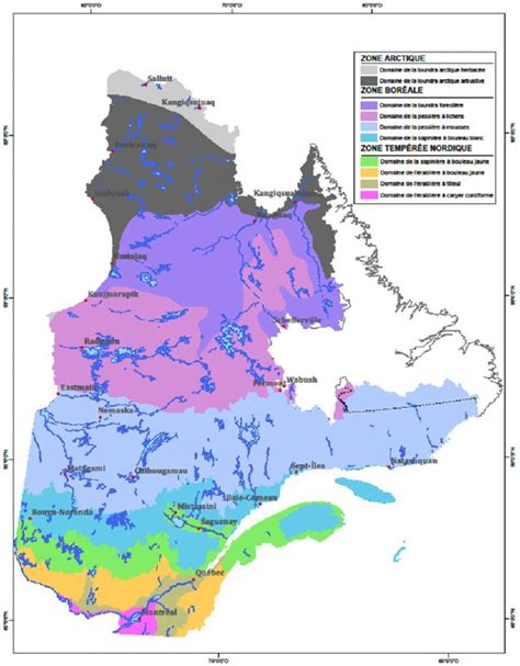 Carte schématique des domaines bioclimatiques du Québec illustrant le gradient sud-nord