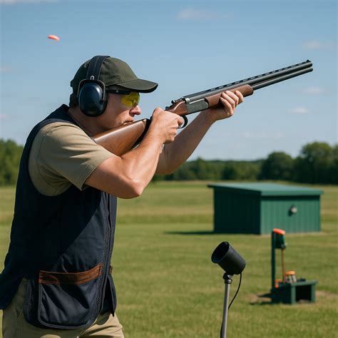 Tireur en position de tir sur un pas de tir de ball-trap en extérieur