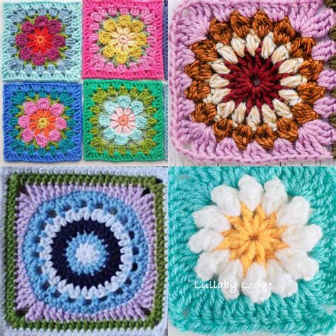 Illustration d'un assortiment de granny squares colorés disposés sur une table de travail