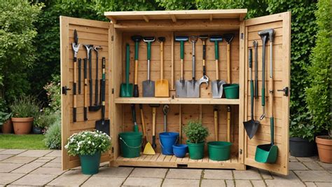 Outils de jardinage rangés proprement dans un abri de jardin organisé
