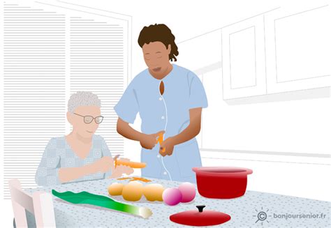 Illustration représentant une personne âgée profitant de son repas à domicile