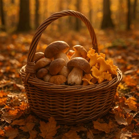 Panier en osier rempli de champignons fraîchement cueillis dans une forêt de montagne