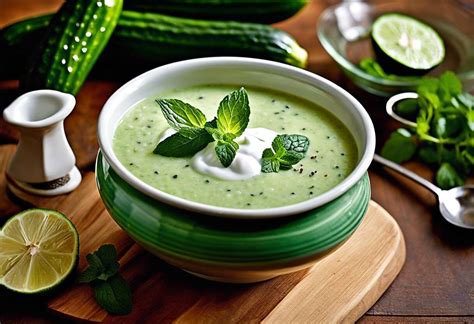 Bol de soupe froide au concombre décoré de menthe fraîche et d'un filet d'huile d'olive