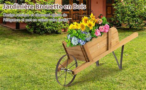 Jardinière brouette en osier brut avec des fleurs