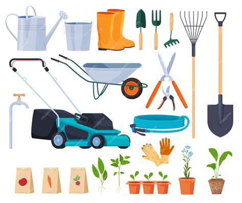 Illustration d'un jardin bien entretenu avec divers outils de jardinage disposés