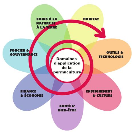 Schéma des différents domaines d'application de la permaculture