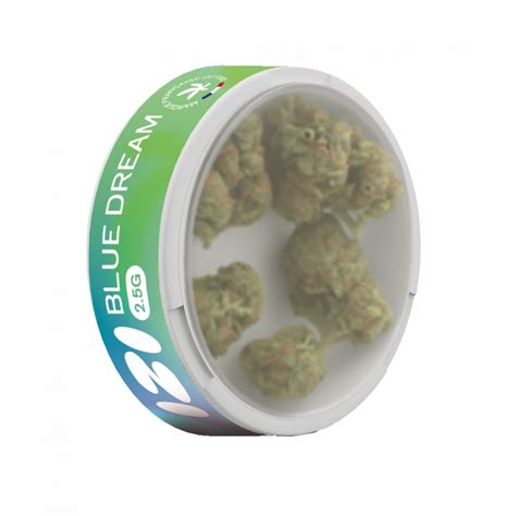 Fleur de Blue Dream CBD séchée et manucurée, montrant sa densité et ses cristaux
