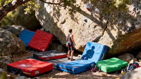 Photographie d'un grimpeur sur un bloc en extérieur avec un crash pad