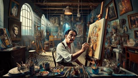 Portrait de l'artiste Hervé Priou dans son atelier, entouré de ses toiles sur panneaux de peuplier