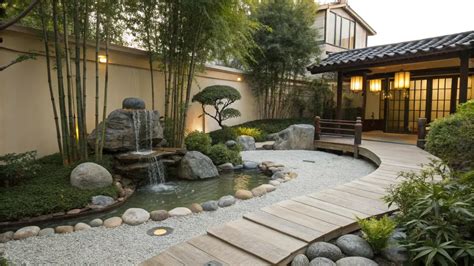 Détail d'un jardin zen avec un banc Koshikake Machiai entouré d'azalées et de rhododendrons