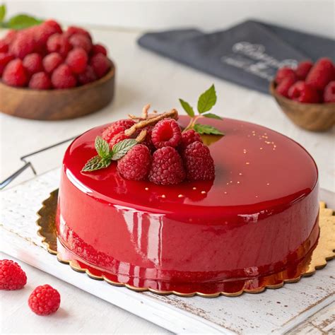 Entremets aux framboises avec glaçage miroir brillant