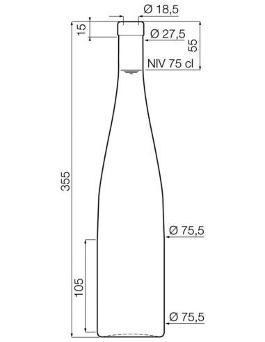 Schéma comparatif des silhouettes de bouteilles : bordelaise, bourguignonne, flûte d'Alsace et clavelin