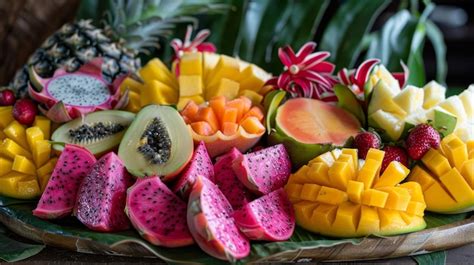 plateau de fruits tropicaux variés coupés (mangue, mangoustan, fruit du dragon)