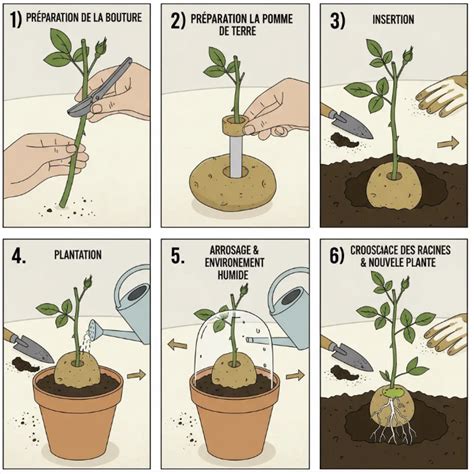 Illustration d'une bouture de rosier insérée dans une pomme de terre