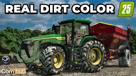 Capture d'écran d'un tracteur avec le mod Real Dirt Color en action dans un champ boueux