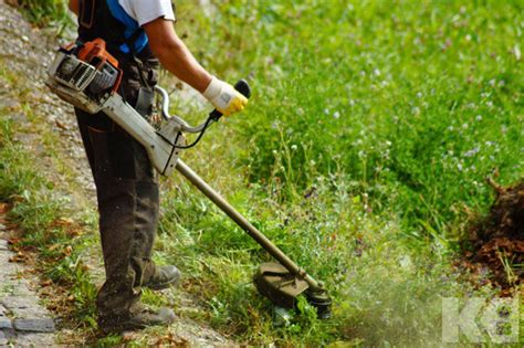 Gros plan sur une débroussailleuse en action sur une bordure