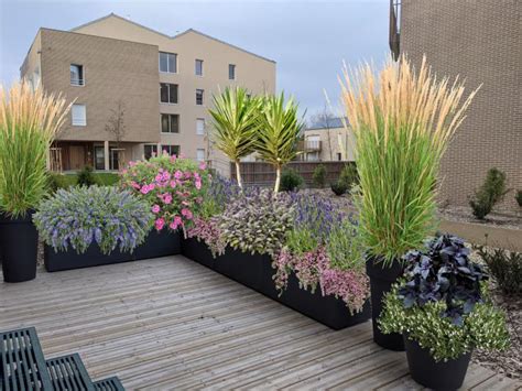 une grande jardinière en pierre recomposée située sur une terrasse avec des plantes vivaces