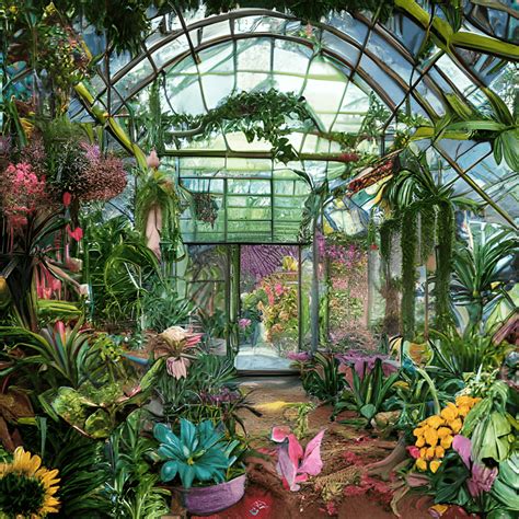 Une serre lumineuse remplie de plantes vertes et de fleurs colorées
