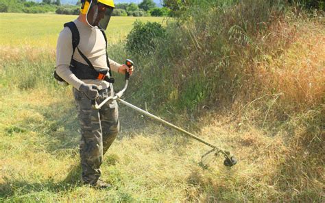 Paysagiste effectuant du débroussaillage sur un terrain en pente