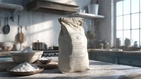 Sac de farine artisanal posé sur une table de boulangerie